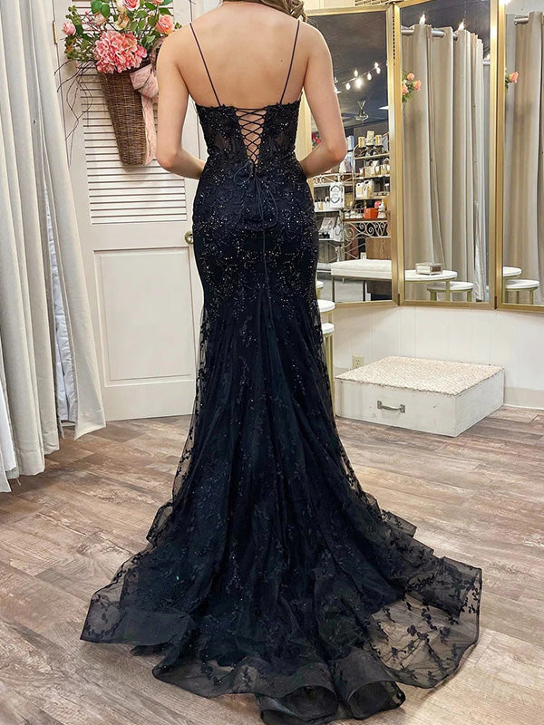 Sexy Spaghetti Strap Sleeveless Black Tulle Mermaid Long Prom Dresses With Trailing For Party Online, OL358