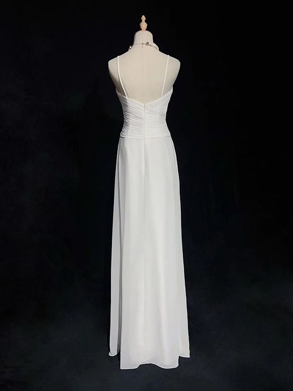 Simple Spaghetti Strap Sleeveless A-line Chiffon White Long Prom Dresses For Party Online, OL390