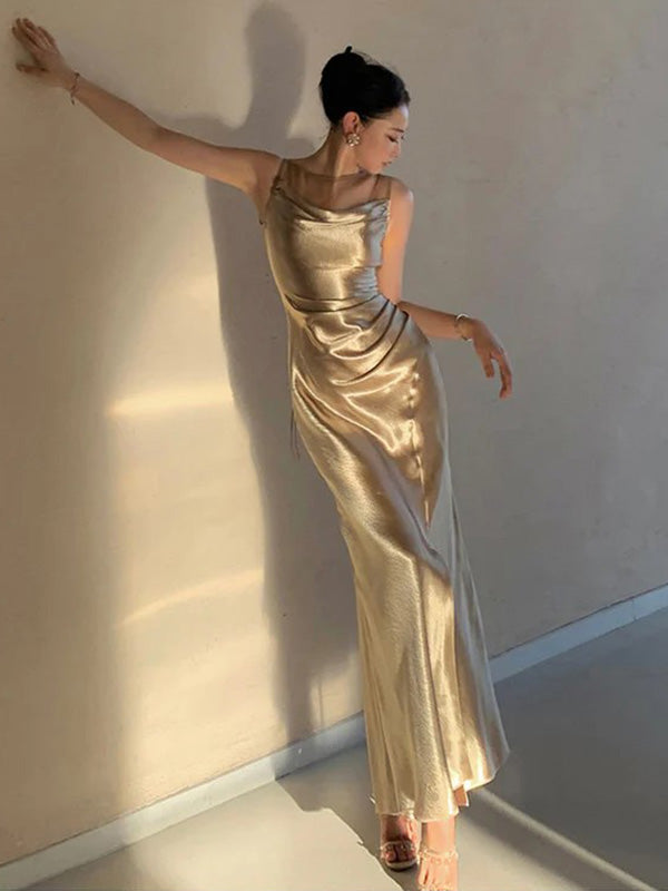 Soft Halter Sleeveless Mermaid Satin Long Evening Prom Dresses Online, OLP718