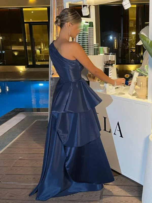 Formal One shoulder Sleeveless A-line Satin Long Evening Prom Dresses Online, OLP694