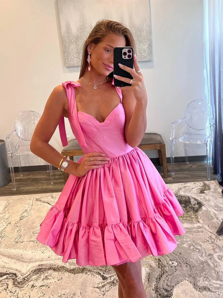 Formal Spaghetti Strap Sleeveless A-line Satin Ruffles Short Homecoming Dresses For Party Online, HD1037