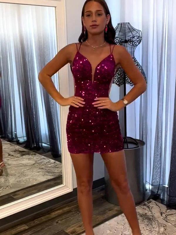 Sexy Spaghetti Strap Sleeveless Short Mermaid Sequin Homecoming Dresses For Party Online, HD0930