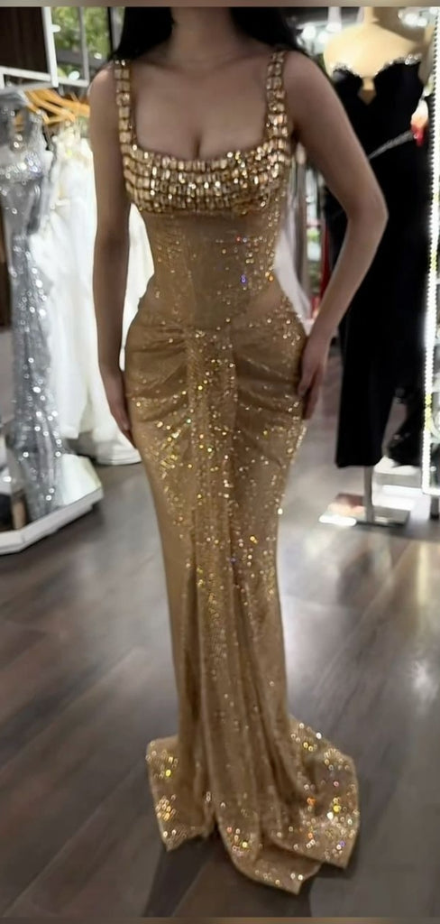 Sexy Square Sleeveless Mermaid Sequin Long Prom Dresses Online, OLP618