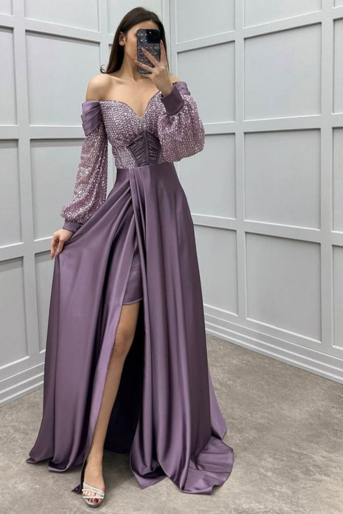 Elegant Off-shoulder Sleeveless Mermaid Satin Long Evening Prom Dresses Online, OLP746