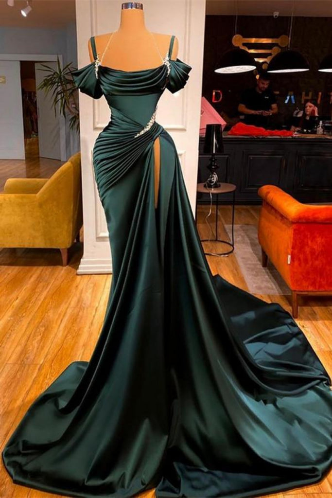 Sexy Off-shoulder Sleeveless Mermaid Satin Evening Prom Dresses Online, OLP859