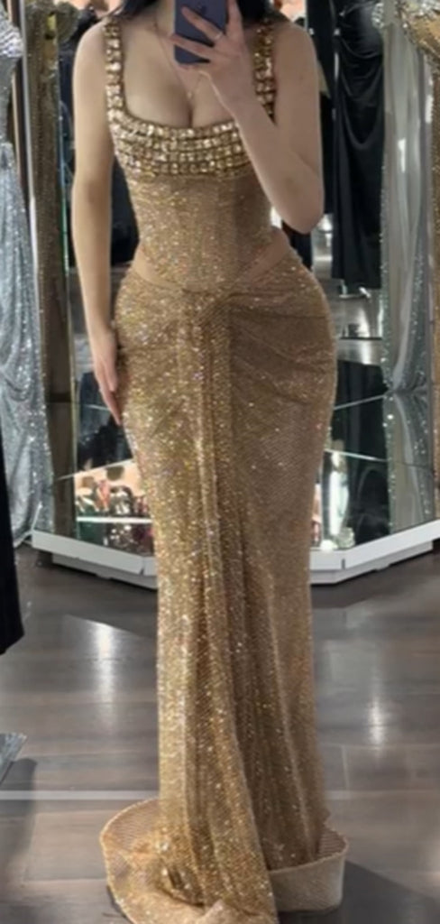 Sexy Square Sleeveless Mermaid Sequin Long Prom Dresses Online, OLP618