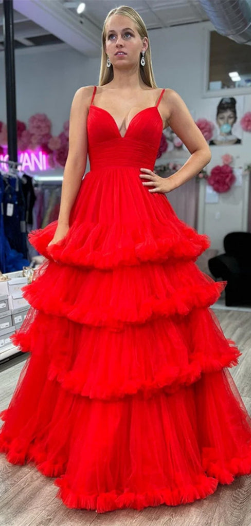 Gorgeous V-neck Spaghetti Strap Tulle Ruffles Red A-line Long Prom Dress With Trailing Online, OL314