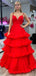 Gorgeous V-neck Spaghetti Strap Tulle Ruffles Red A-line Long Prom Dress With Trailing Online, OL314