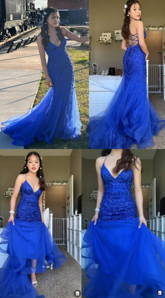 Elegant Spaghetti Strap V-neck Sleeveless Mermaid Lace Long Prom Dresses Online, OL588