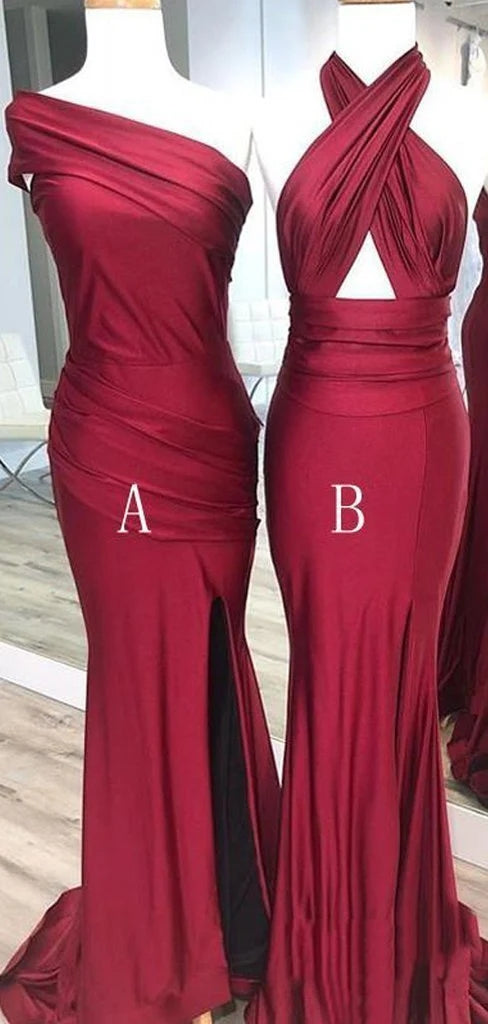 Mismatched Halter One Shoulder Mermaid Satin Burgundy Long Bridesmaid Dresses Online, BG682