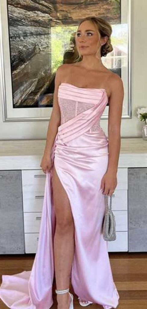 Sexy Sweetheart Sleeveless Mermaid Satin Long Prom Dresses With Slit Online, OL514