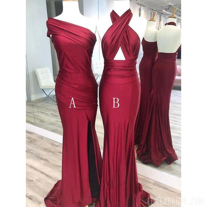 Mismatched Halter One Shoulder Mermaid Satin Burgundy Long Bridesmaid Dresses Online, BG682