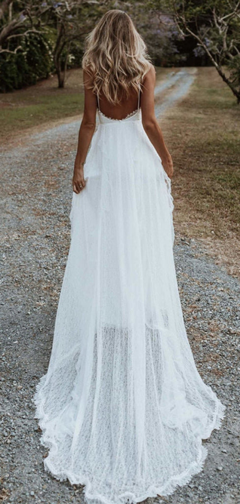 Simple V-neck Sleeveless A-line White Long Tulle Wedding Dresses With Trailing, WD0548