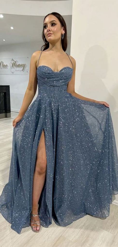 Sparkly Spaghetti Strap Sleeveless A-line Sequin Shiny Long Prom Dresses With Slit Online, OL558