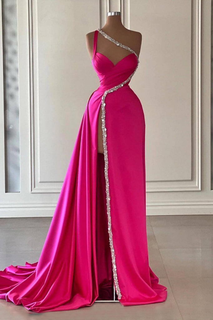 Formal One-shoulder Sleeveless Mermaid Satin Long Evening Prom Dresses Online, OLP710