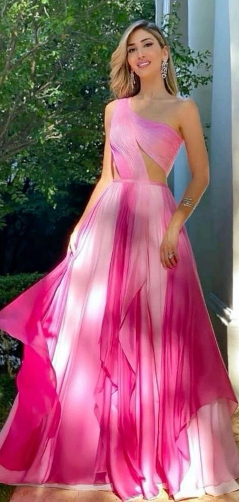 Soft One-shoulder Sleeveless A-line Chiffon Long Evening Prom Dresses Online, OLP630