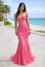 Stunning Hot Pink Lace Prom Dress Mermaid Strapless Embroidered Gown,OLP1789