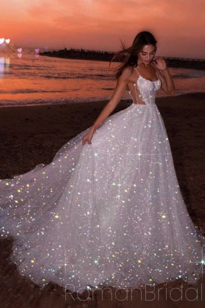 Sparkly Spaghetti Strap Sleeveless A-line Sequin Long Prom Dresses Online, OL572