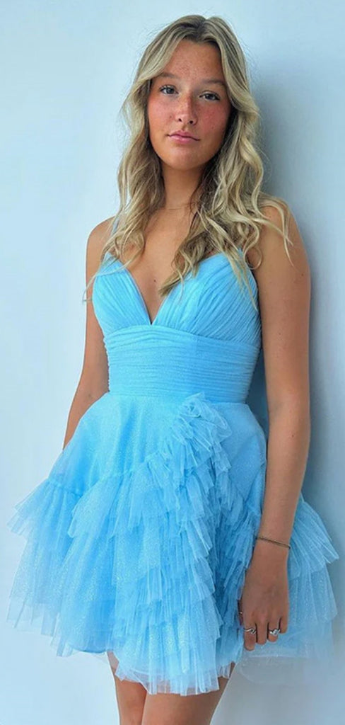 Simple Spaghetti Strap V-neck Sleeveless Short Tulle A-line Homecoming Dresses For Party Online, HD0826