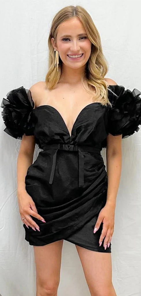 Sexy Off-shoulder Sleeveless Short Mermaid Satin Black Homecoming Dresses For Party Online, HD0870