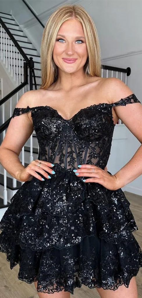 Sexy Off-shoulder Sleeveless Short Lace A-line Black Homecoming Dresses For Party Online, HD0838