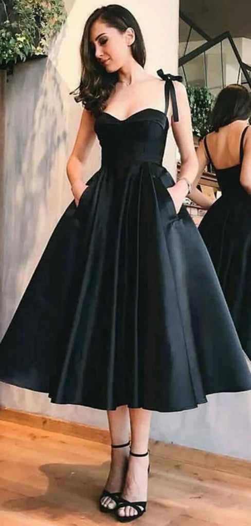 Formal Spaghetti Strap Sleeveless A-line Satin Long Prom Dresses Black For Party Online, OL338