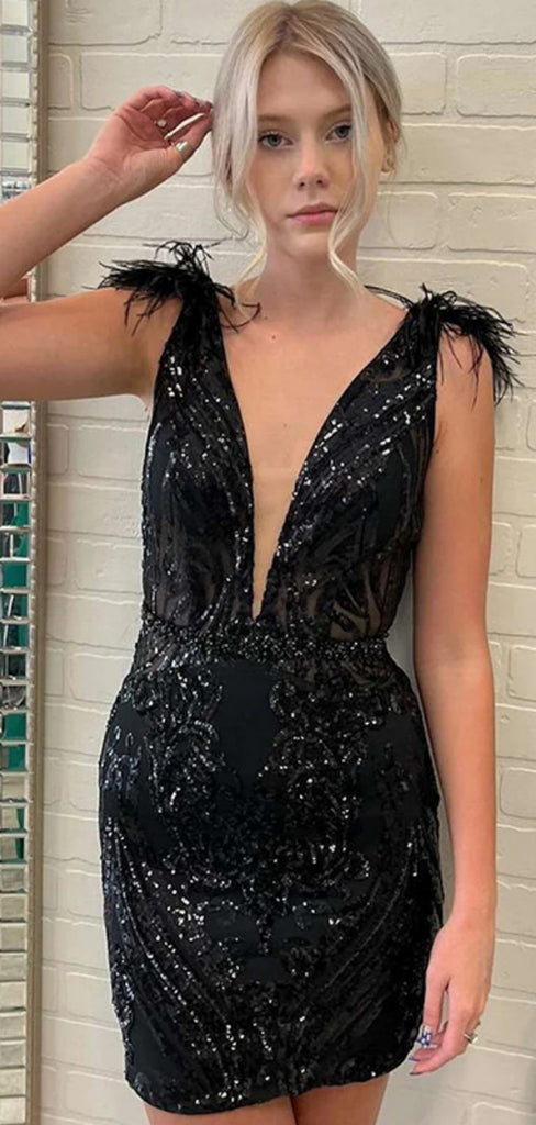 Sexy V-neck Sleeveless Short Mermaid Black Sequin Homecoming Dresses For Party Online, HD0898