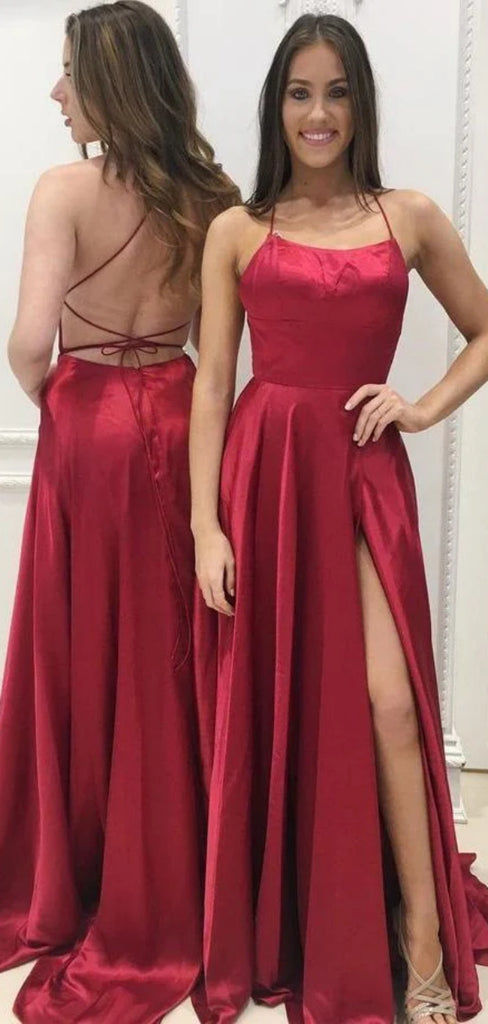 Formal Spaghetti Strap Sleeveless A-line Satin Long Prom Dresses With Slit Online, OL482