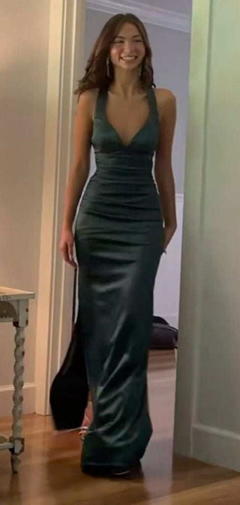 Sexy V-neck Sleeveless Mermaid Satin Evening Prom Dresses Online, OLP1093