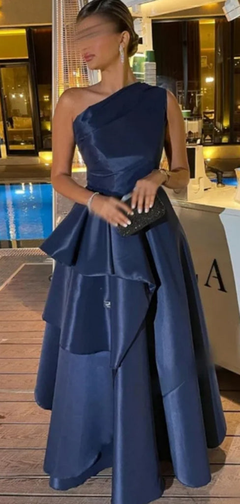 Formal One shoulder Sleeveless A-line Satin Long Evening Prom Dresses Online, OLP694