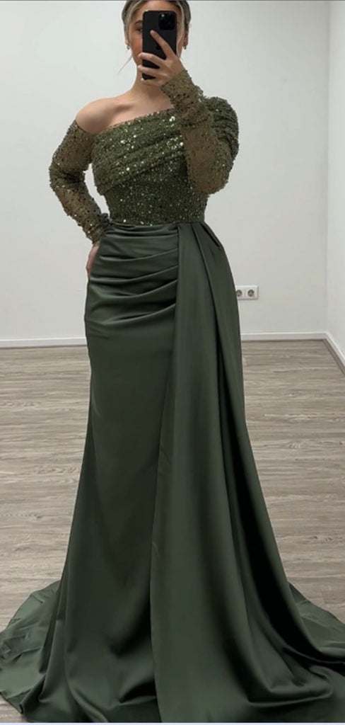 Formal One-shoulder Sleeveless Mermaid Satin Long Evening Prom Dresses Online, OLP678