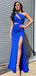 Sexy One-shoulder Sleeveless Mermaid Satin Long Prom Dresses With Front Slit For Party Online, OL374