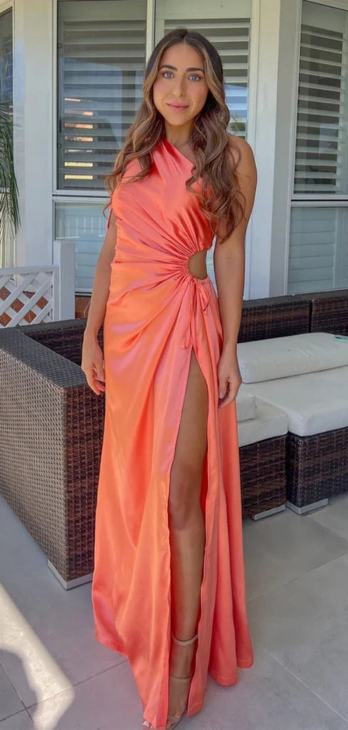 Sexy One-shoulder Sleeveless Mermaid Satin Long Prom Dresses For Party Online, OL442