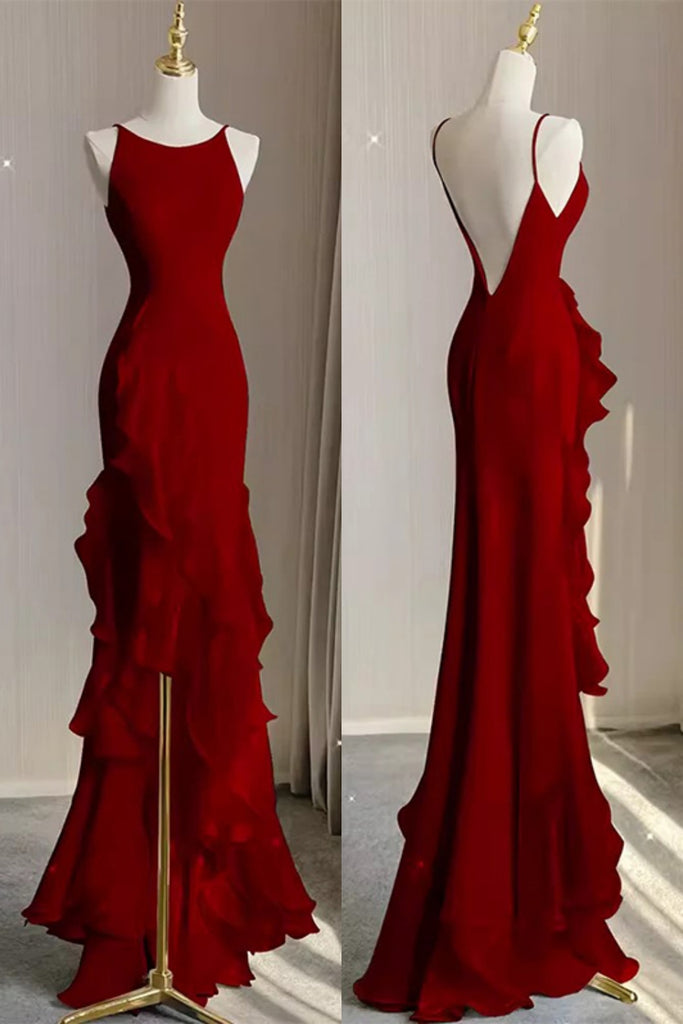 Sexy Halter Strap Sleeveless Mermaid Red Satin Long Evening Prom Dresses Online, OLP626