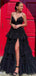 Unique Spaghetti Strap V-neck Sleeveless A-line Black Tulle Long Prom Dresses Online, OL386