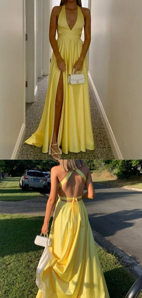 Soft Halter Sleeveless A-line Satin Long Evening Prom Dresses Online, OLP781