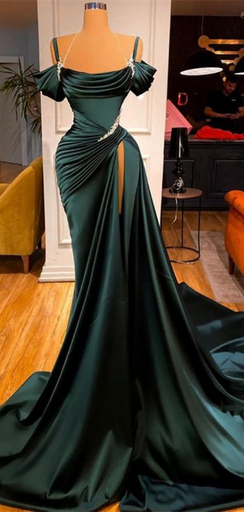 Sexy Off-shoulder Sleeveless Mermaid Satin Evening Prom Dresses Online, OLP859