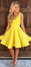 Simple V-neck Sleeveless A-line Satin Knee-length Homecoming Dresses For Party Online, HD01010