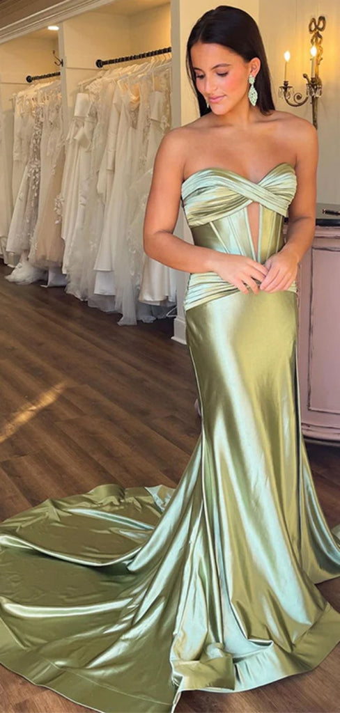 Sexy Spaghetti Strap Sleeveless Mermaid Satin Long Prom Dresses With Trailing For Party Online, OL326