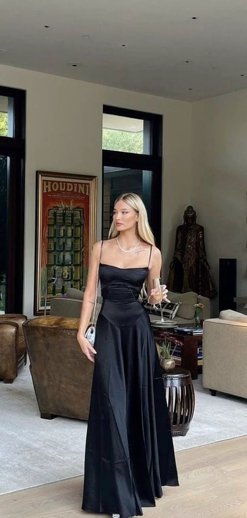 Formal Spaghetti Strap Sleeveless A-line Black Satin Long Prom Dresses Online, OL498