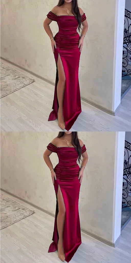 Mismatched Off Shoulder Mermaid Side Slit Satin Burgundy Long Bridesmaid Dresses Online, BG683