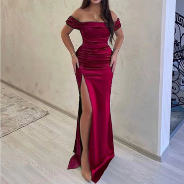 Mismatched Off Shoulder Mermaid Side Slit Satin Burgundy Long Bridesmaid Dresses Online, BG683