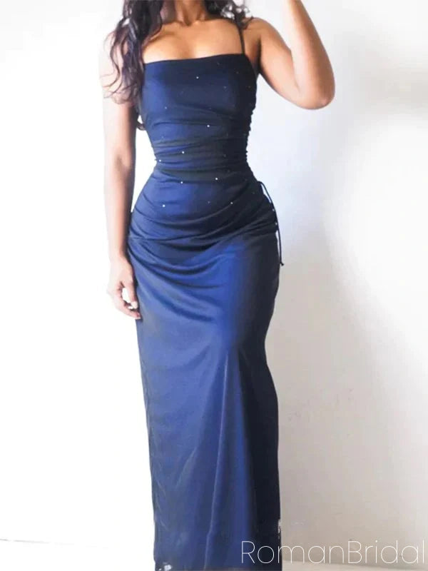 Sexy Spaghetti Strap Sleeveless Mermaid Satin Long Evening Prom Dresses Online, OLP666