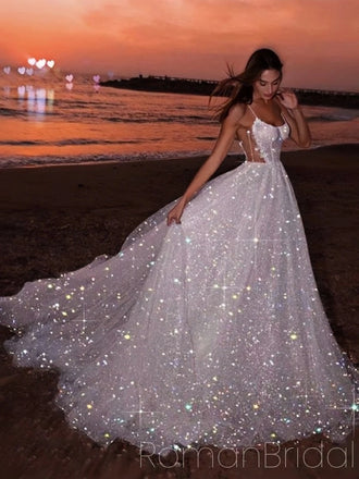 Sparkly Spaghetti Strap Sleeveless A-line Sequin Long Prom Dresses Online, OL572