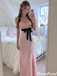 Sexy Pink Sequin Halter High Slit Column Prom Dress Black Bow,OLP253