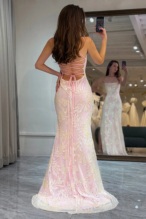 Elegant Pink Spaghetti Strap Sleeveless Mermaid Long Prom Dress Ideas, Evening Party Dresses ,OLP1195