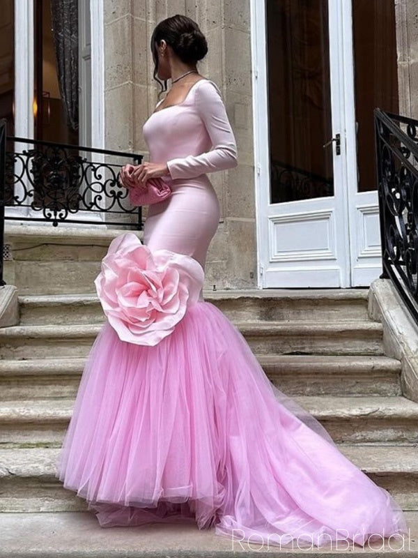 Square Sweetheart Full Sleeve Mermaid Crepe Long Evening Prom Dresses Online, OLP750