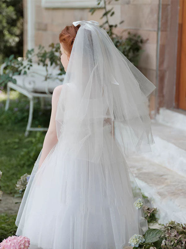 White Bow Flower Girl Veil – Soft Tulle Kids Wedding Headpiece