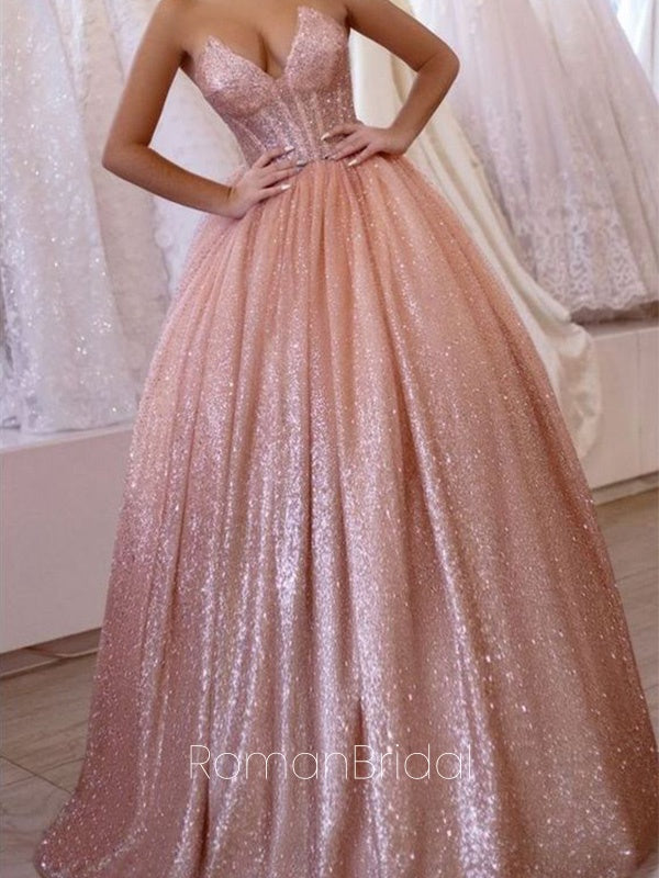 Shiny Sweetheart Sleeveless A-line Sequin Long Prom Dresses Online, OLP622