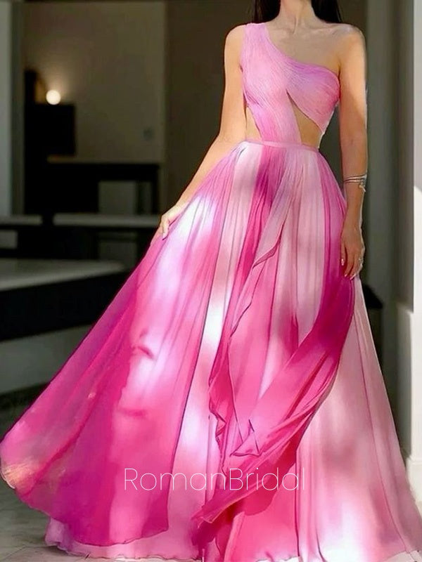 Soft One-shoulder Sleeveless A-line Chiffon Long Evening Prom Dresses Online, OLP630